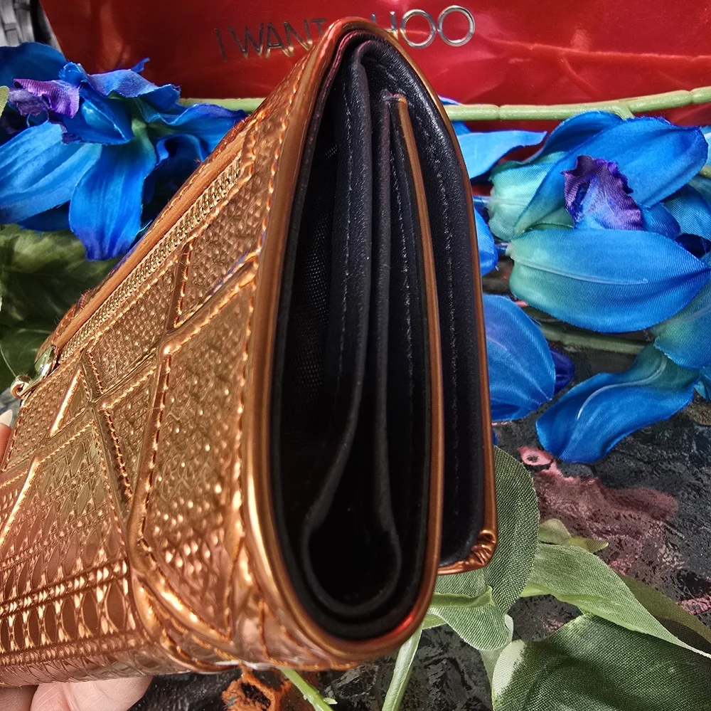 Authentic Christian Dior Diorama Metallic Copper Or Orange Trifold Short Wallet